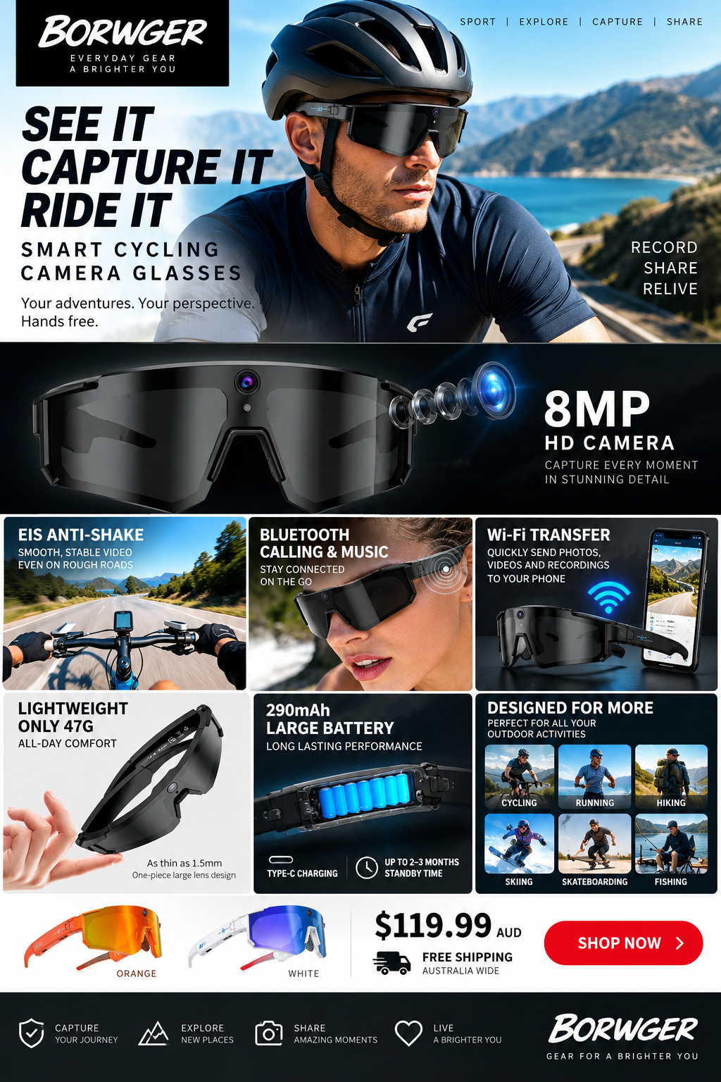 Smart Cycling Camera Glasses – Photo, Video & Bluetooth